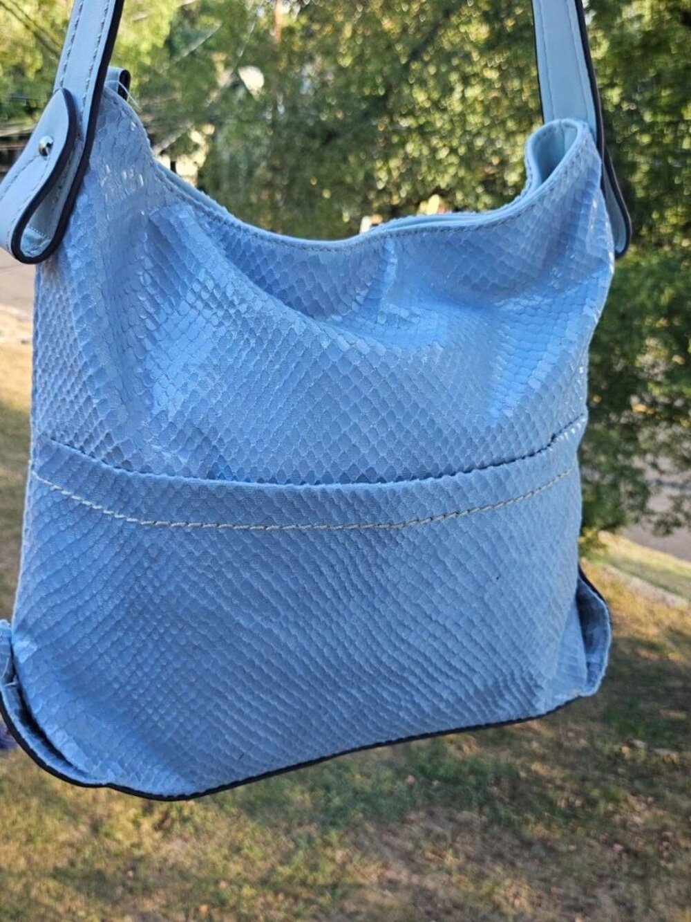 Sondra Roberts Squared Women Bag Hobo Sky Blue Embossed Leather Purse Handbag - Picture 2 of 14